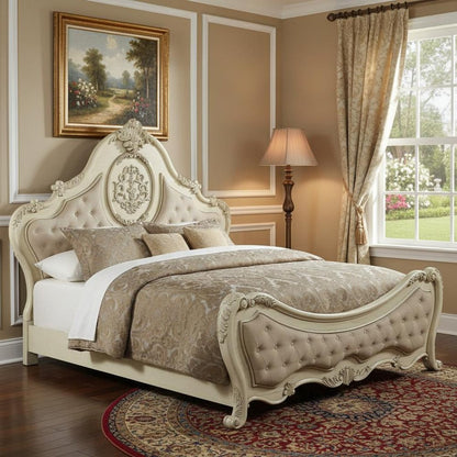 Antiqued White Solid Wood Tufted Upholstered Linen Bed Frame