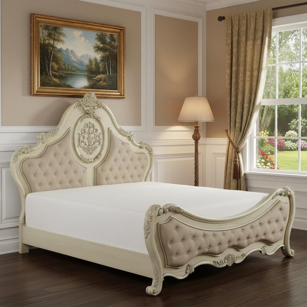 Antiqued White Solid Wood Tufted Upholstered Linen Bed Frame