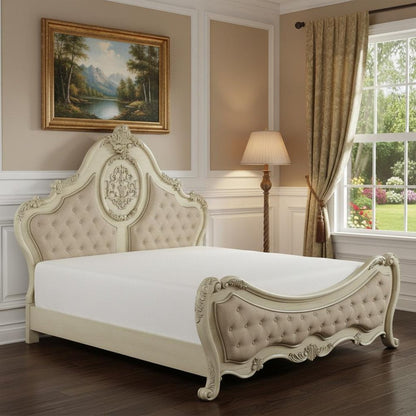Antiqued White Solid Wood Tufted Upholstered Linen Bed Frame