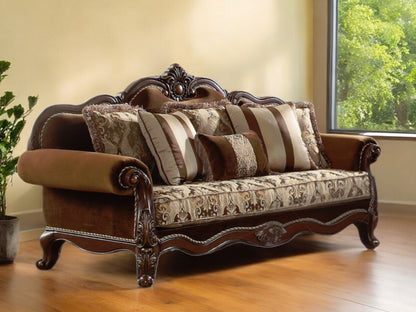 37" Oak Velvet Floral Sofa And Toss Pillows With Espresso Legs