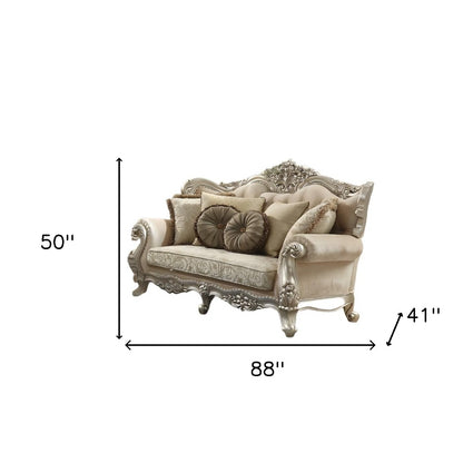 88" Champagne Velvet Curved Floral Sofa And Toss Pillows