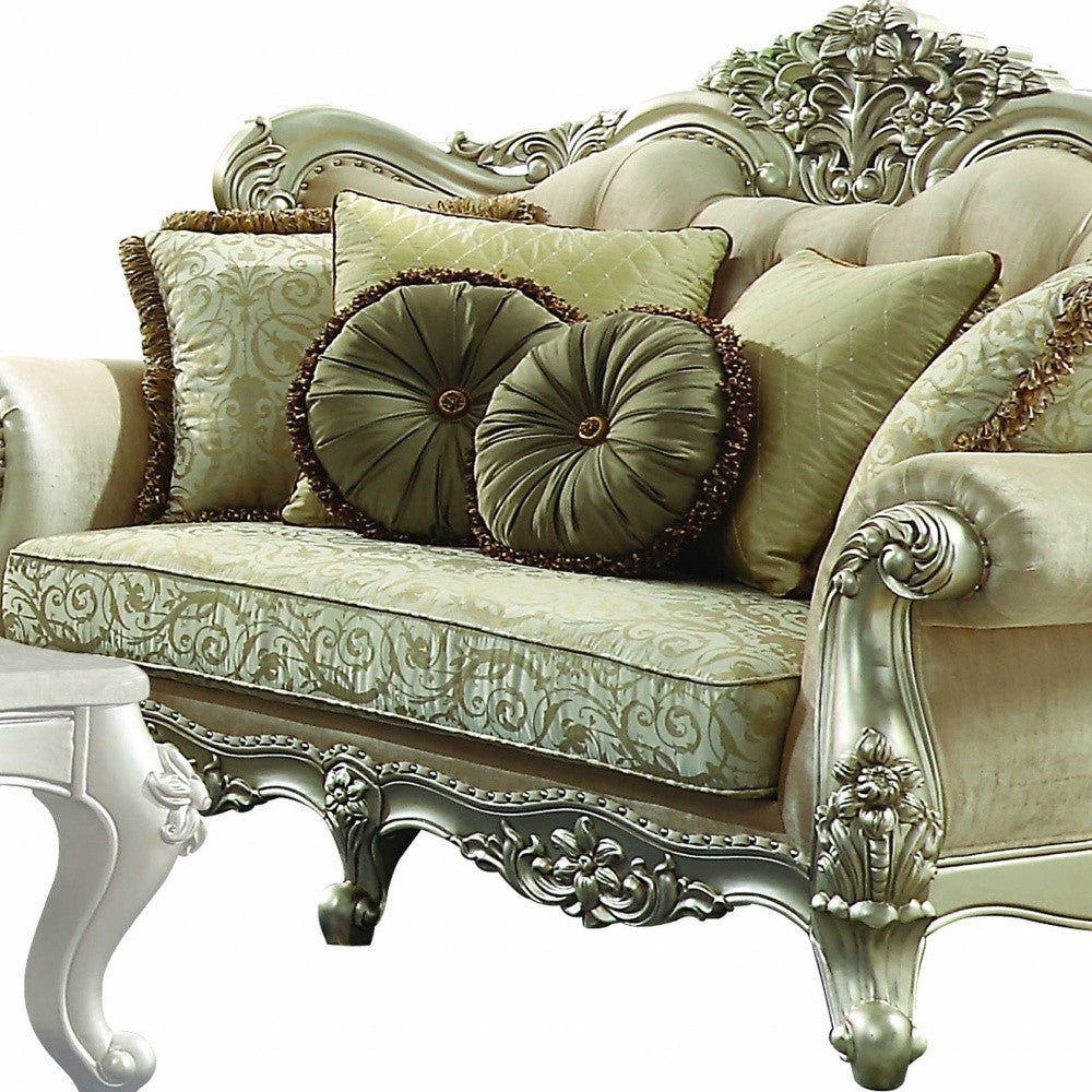 72" Green And Light Green Polyester Blend Damask Chesterfield Loveseat and Toss Pillows