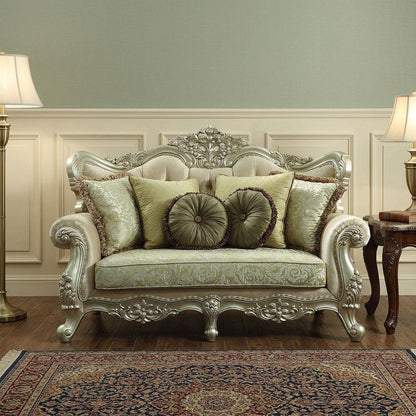 72" Green And Light Green Polyester Blend Damask Chesterfield Loveseat and Toss Pillows