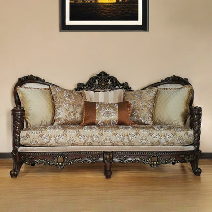 39" Beige Floral Sofa And Toss Pillows With Dark Brown Legs