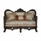 68" Cream And Brown Damask Chesterfield Loveseat and Toss Pillows