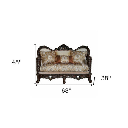 68" Cream And Brown Damask Chesterfield Loveseat and Toss Pillows