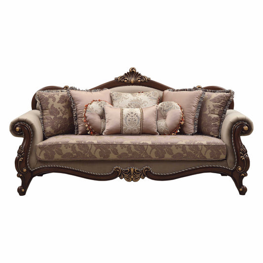 88" Beige Velvet Floral Sofa And Toss Pillows With Brown Legs