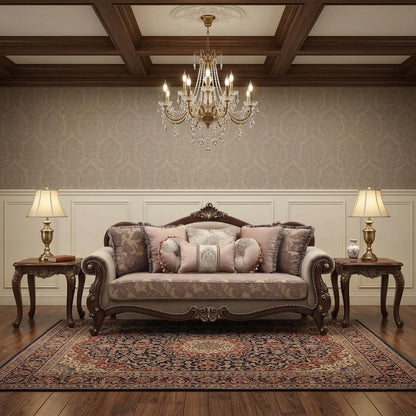 88" Beige Velvet Floral Sofa And Toss Pillows With Brown Legs