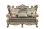 72" Cream And Platinum Damask Chesterfield Loveseat and Toss Pillows