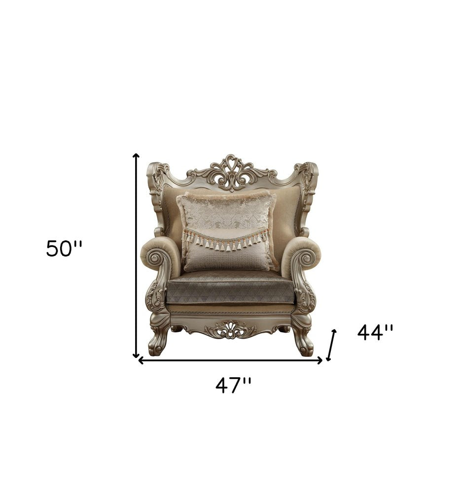 47" Beige Green and Champagne Fabric Geometric Arm Chair And Toss Pillow