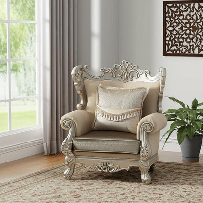 47" Beige Green and Champagne Fabric Geometric Arm Chair And Toss Pillow
