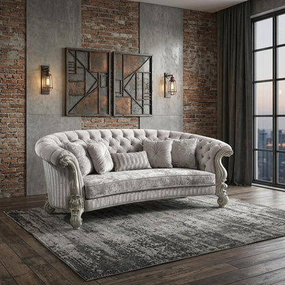 55" Ivory Velvet Curved Floral Sofa And Toss Pillows With Gray Legs