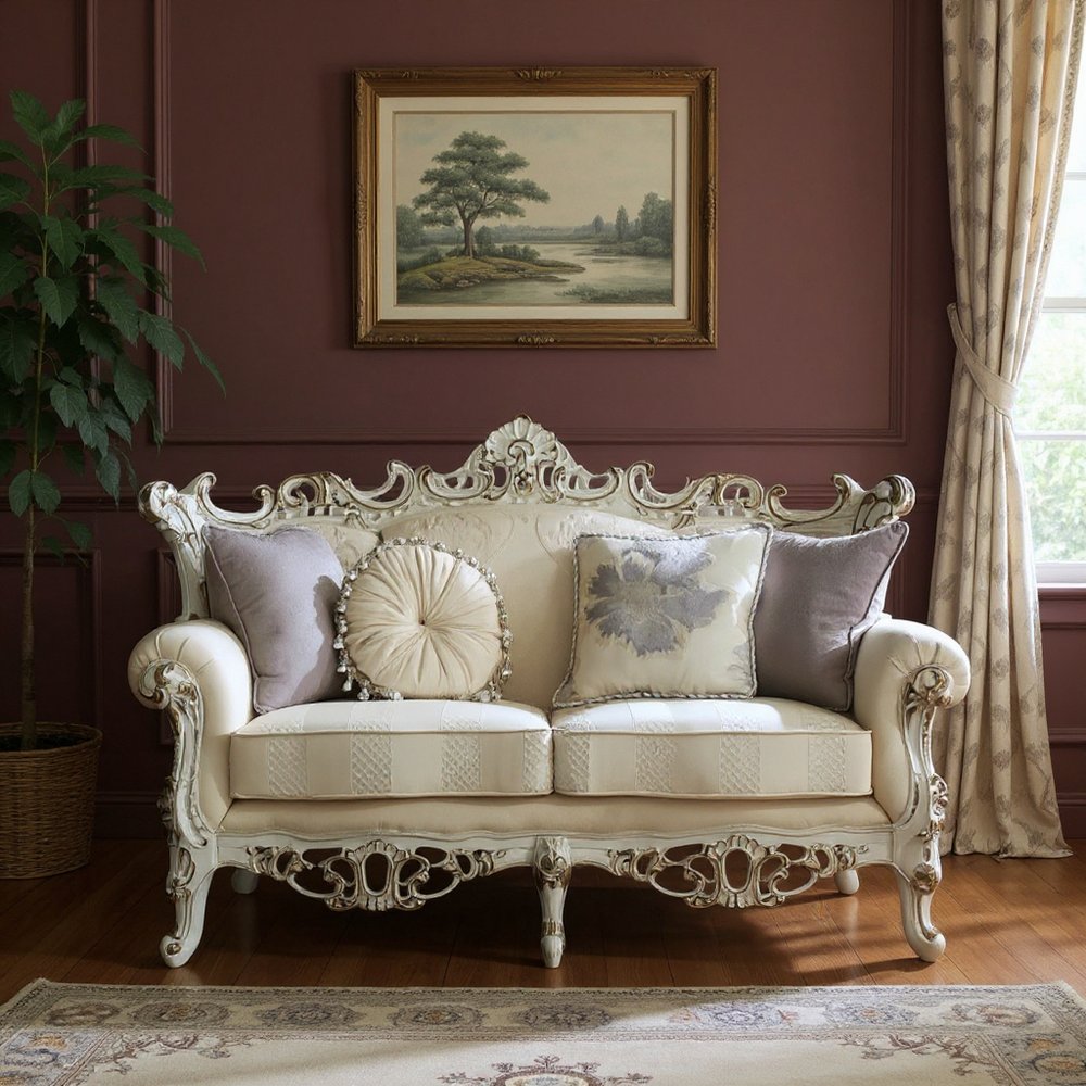 61" Ivory And Silver Damask Chesterfield Loveseat
