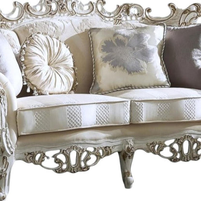 61" Ivory And Silver Damask Chesterfield Loveseat