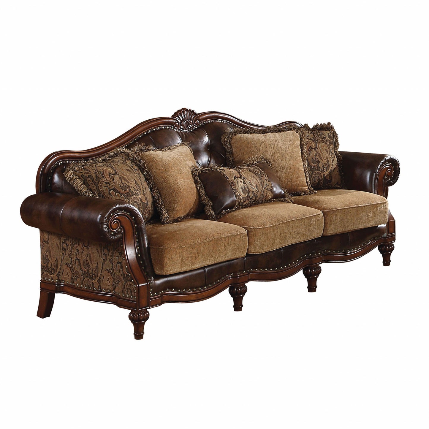 37" Brown Faux Leather and Chenille Sofa And Toss Pillows With Dark Brown Legs