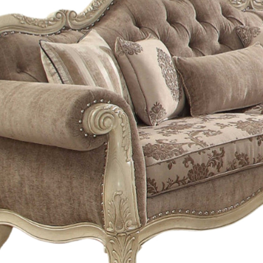 35" Gray Velvet Floral Sofa And Toss Pillows With Beige Legs