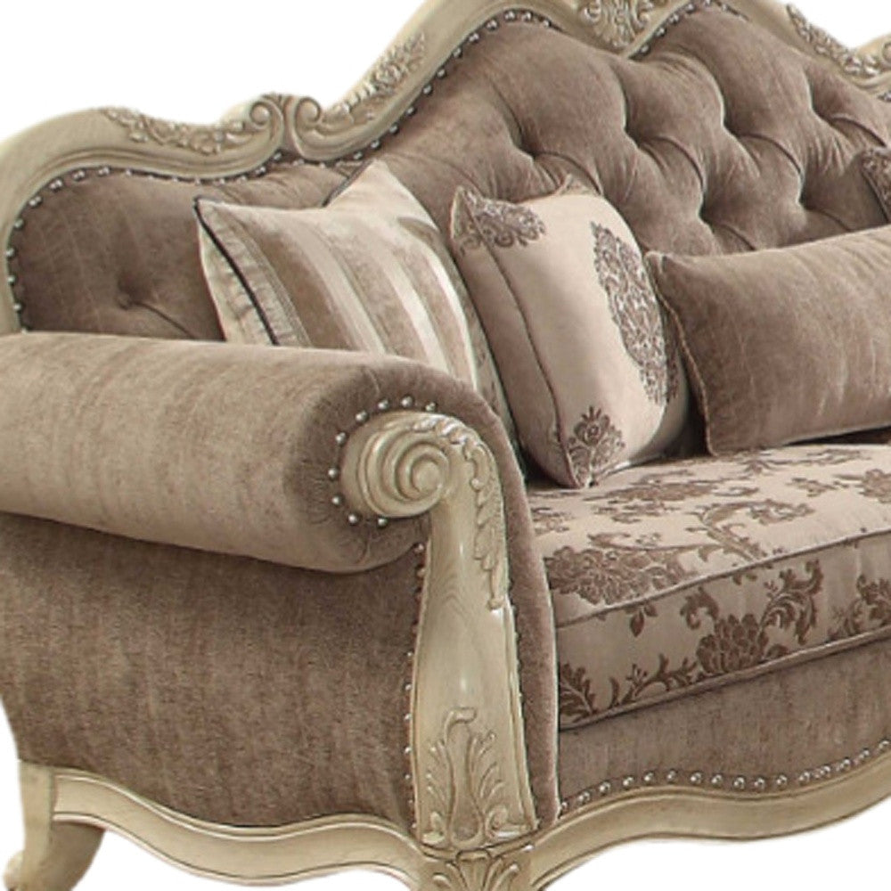 35" Gray Velvet Floral Sofa And Toss Pillows With Beige Legs