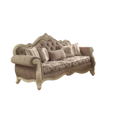 35" Gray Velvet Floral Sofa And Toss Pillows With Beige Legs