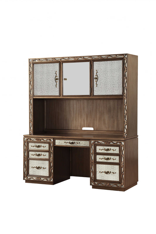 66" Gold Mirrored Computer Desk With Hutch With Three Cabinets Seven Drawers