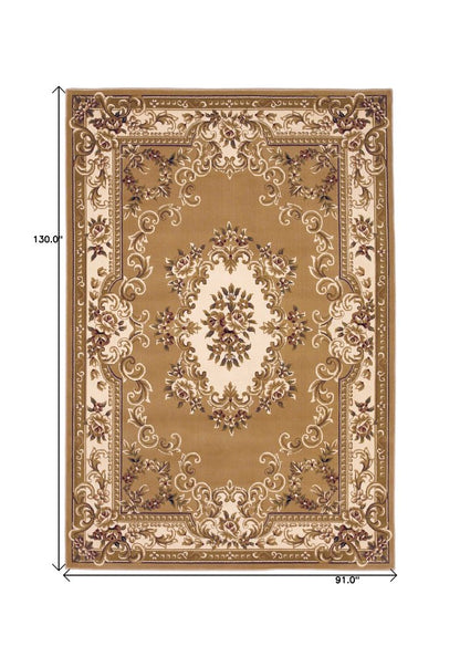 5' X 8' Beige Ivory And Brown Floral Medallion Area Rug