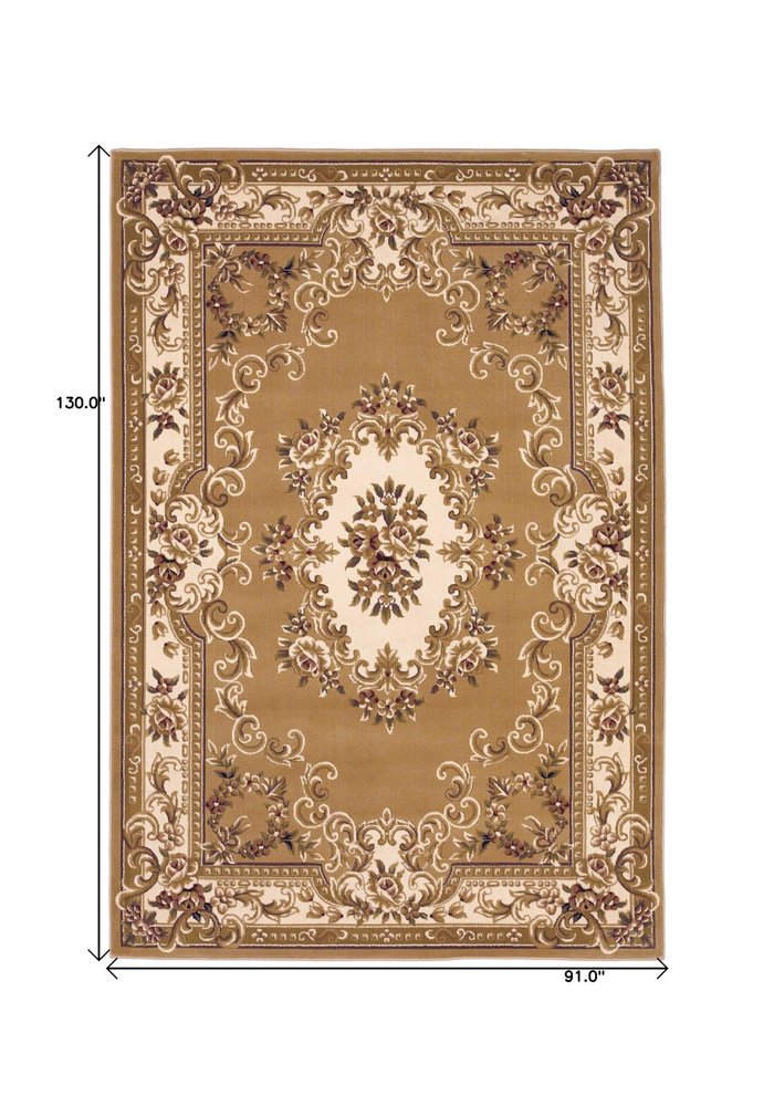 8' X 11' Beige Ivory And Brown Floral Medallion Area Rug