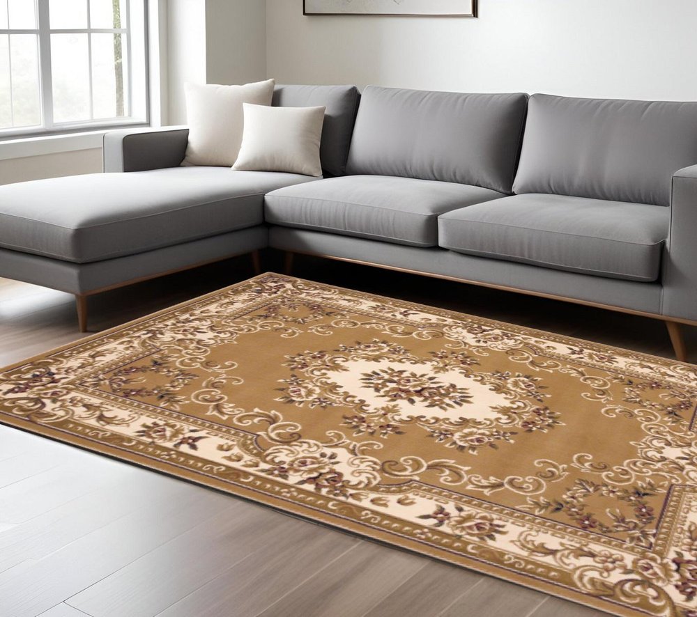8' X 11' Beige Ivory And Brown Floral Medallion Area Rug