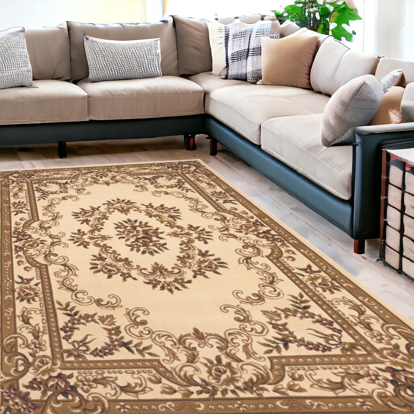 8' X 11' Ivory Machine Woven Hand Carved Floral Medallion Indoor Area Rug