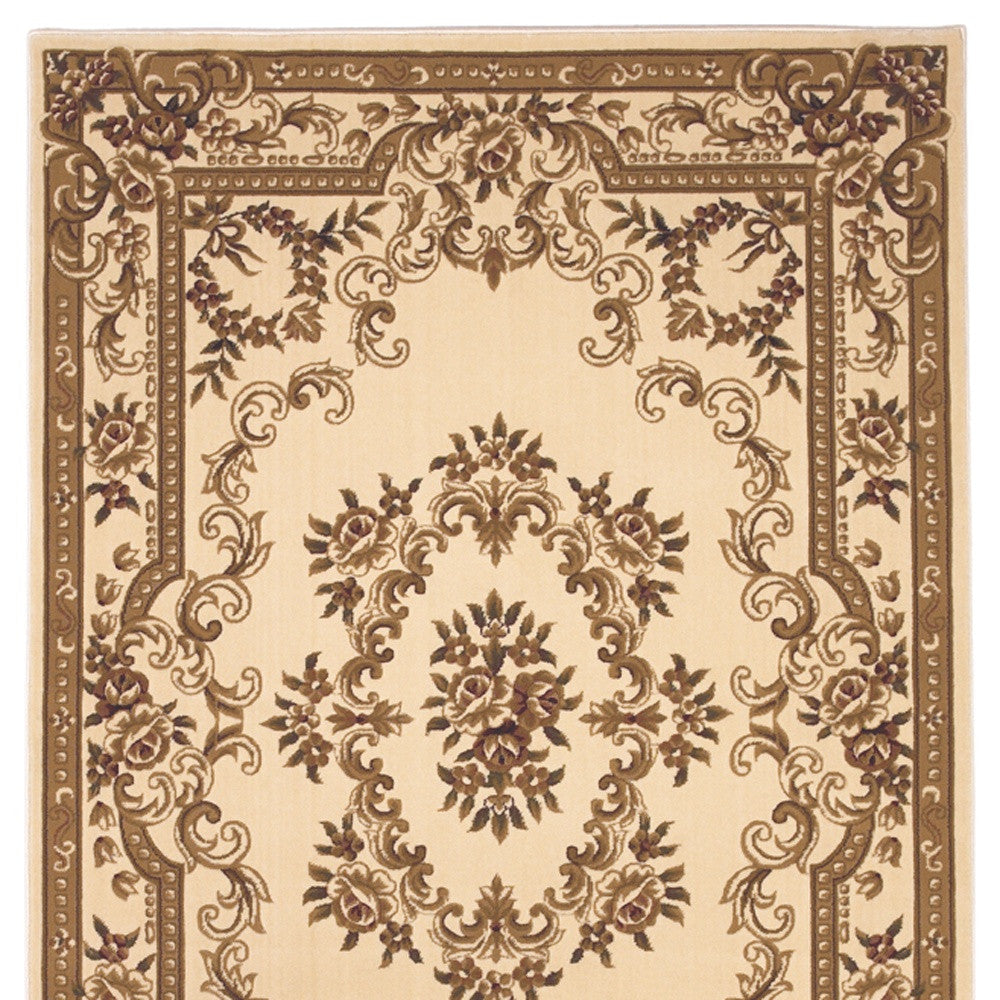 8' X 11' Ivory Machine Woven Hand Carved Floral Medallion Indoor Area Rug