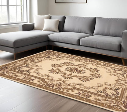 5' X 8' Beige And Brown Floral Medallion Area Rug