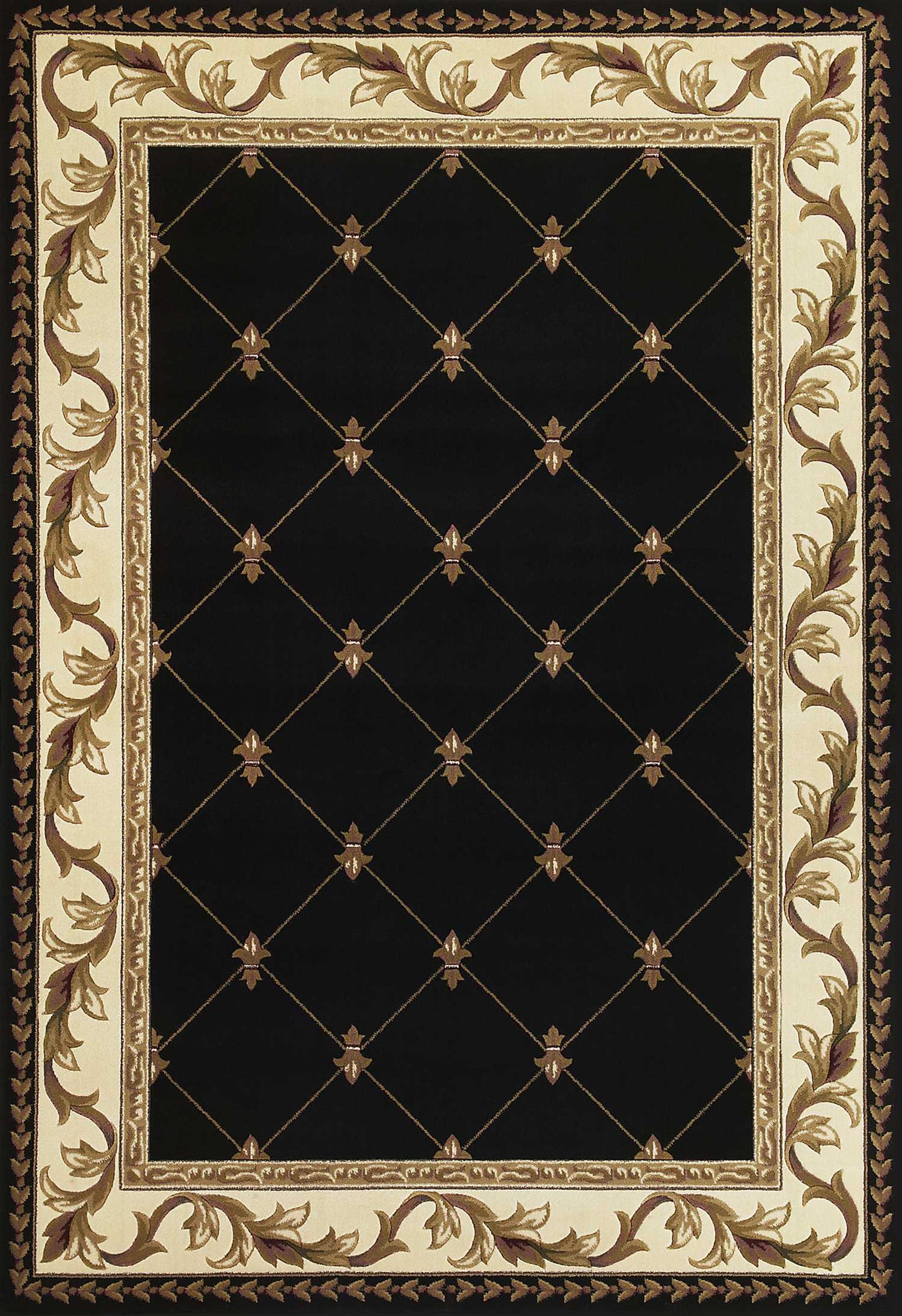 5' X 8' Black and Tan Fleur de Lis Diamond Border Area Rug