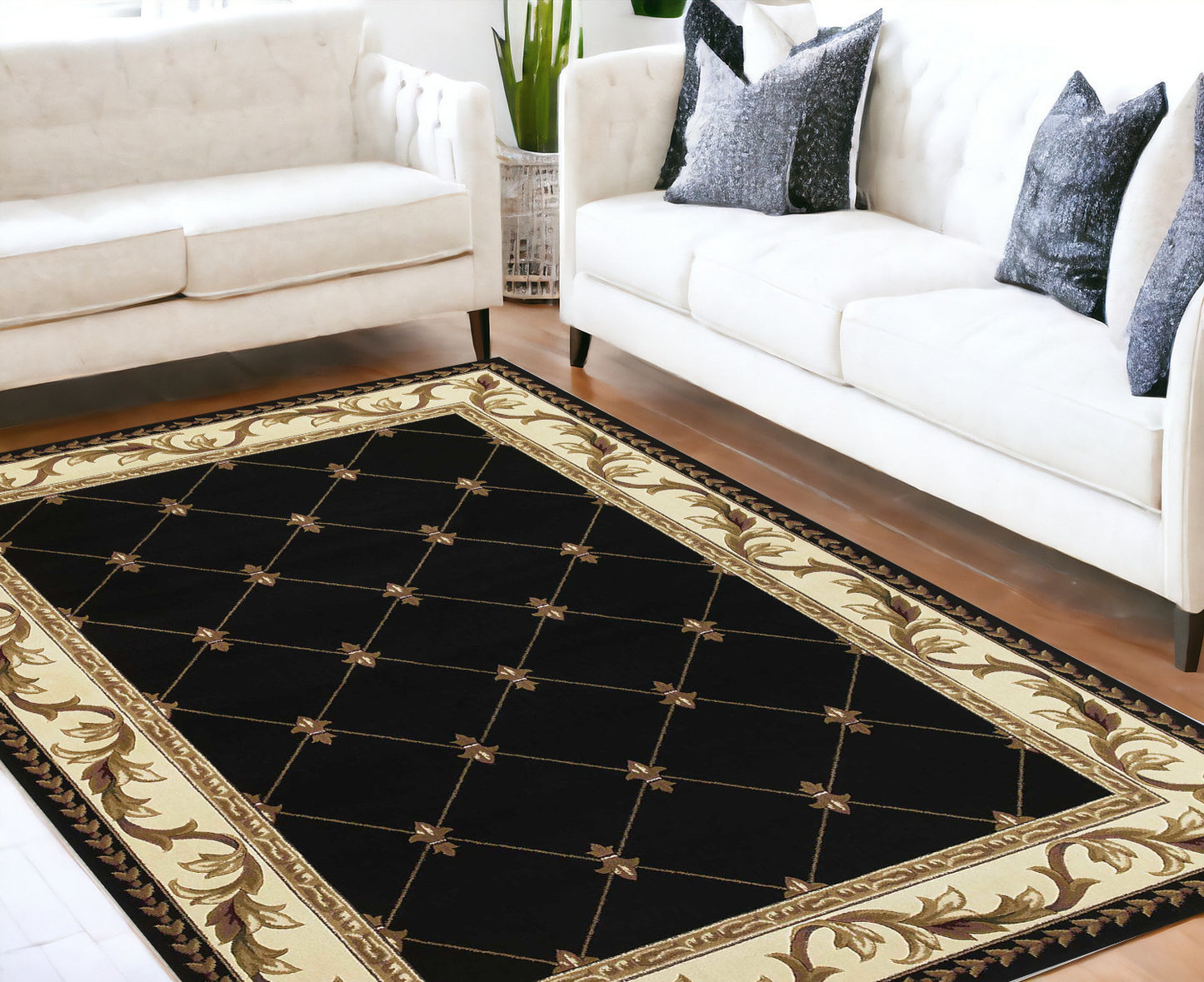 5' X 8' Black and Tan Fleur de Lis Diamond Border Area Rug