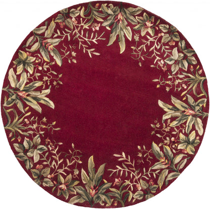 6' Ruby Red Round Wool Floral Handmade Area Rug