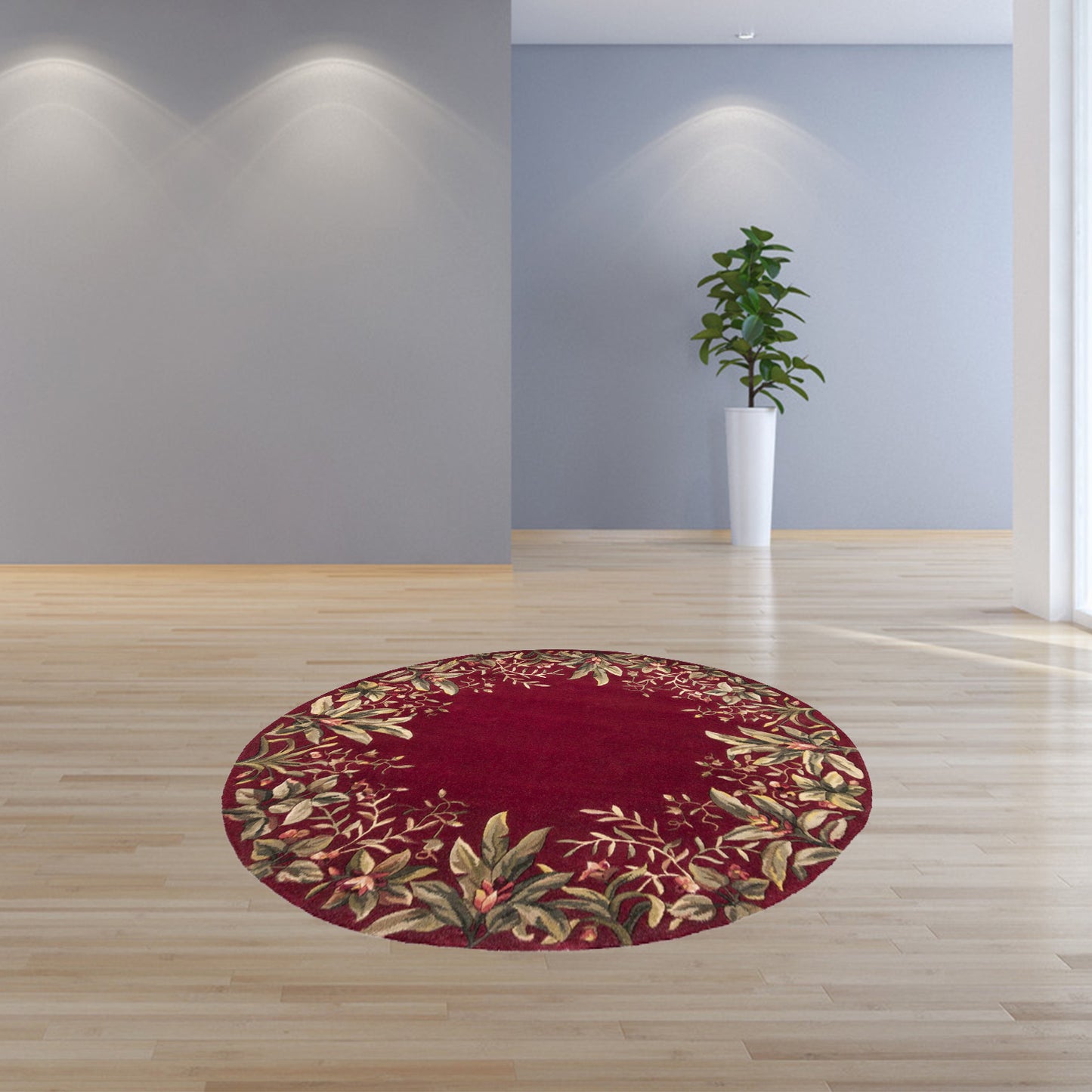 6' Ruby Red Round Wool Floral Handmade Area Rug