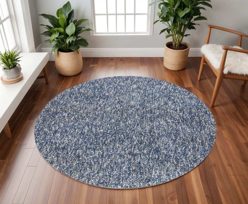 6' Indigo And Ivory Abstract Hand Woven Round Rug