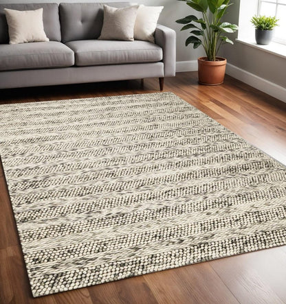 5' X 7' Gray And Ivory Wool Striped Hand Woven Area Rug