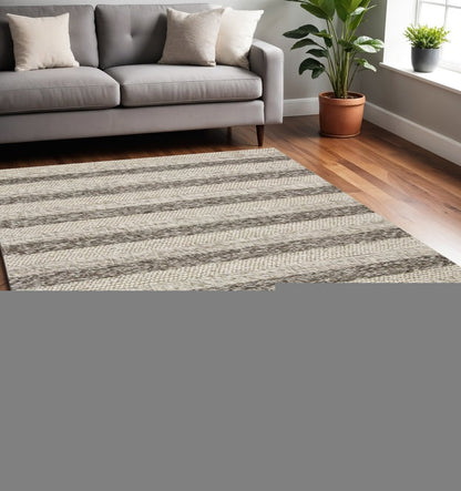 5' X 7' Brown Gray And Ivory New Zealand Lambs Wool Striped Hand Woven Area Rug