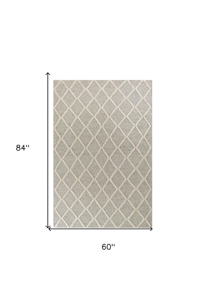 3' X 5' Gray And Ivory New Zealand Lambs Wool Diamond Area Rug