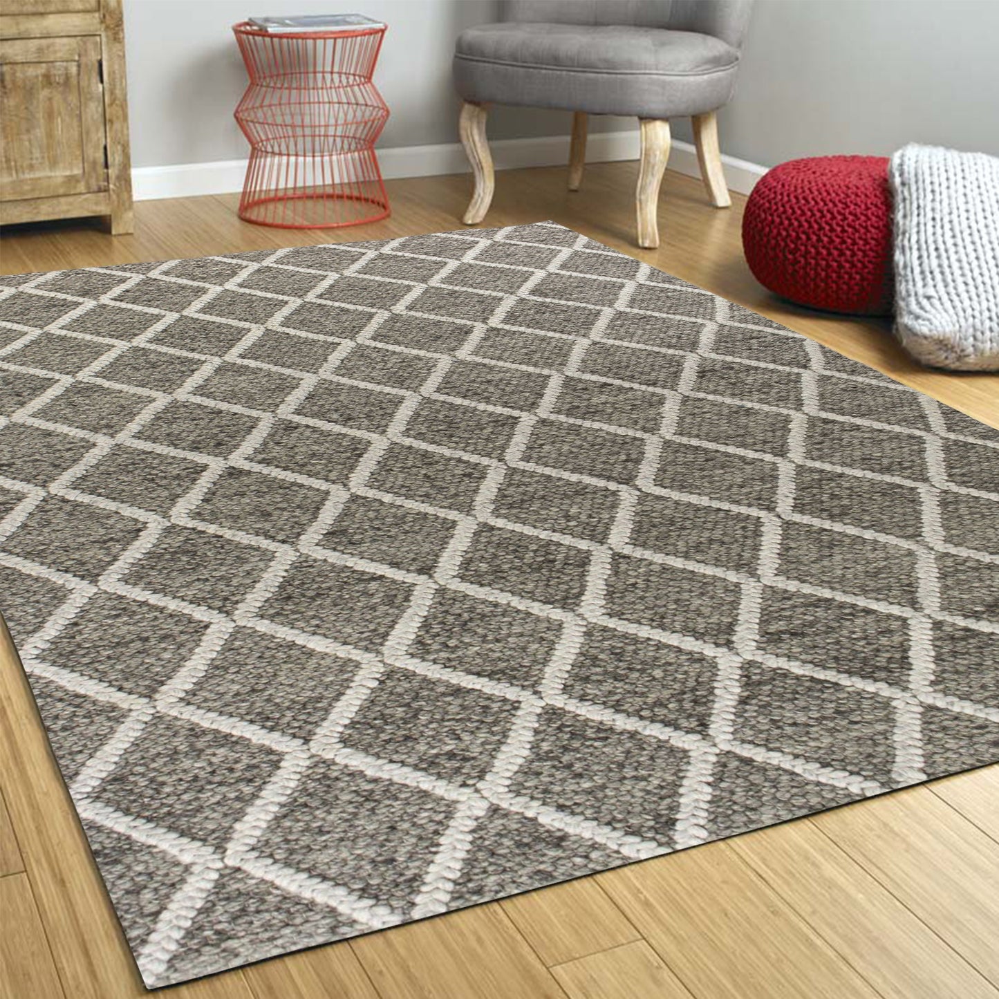 5' X 7' Dark Gray and Ivory Wool Diamond Hand Woven Berber Area Rug