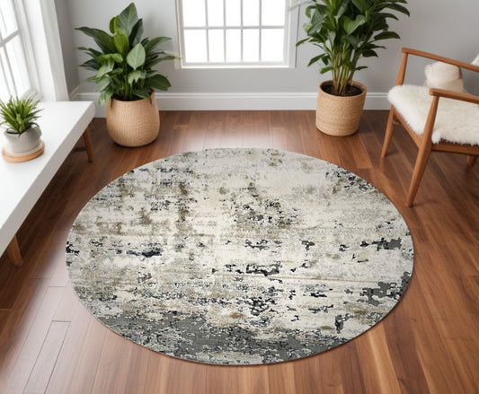 8' Ivory Teal Machine Woven Abstract Round Indoor Area Rug