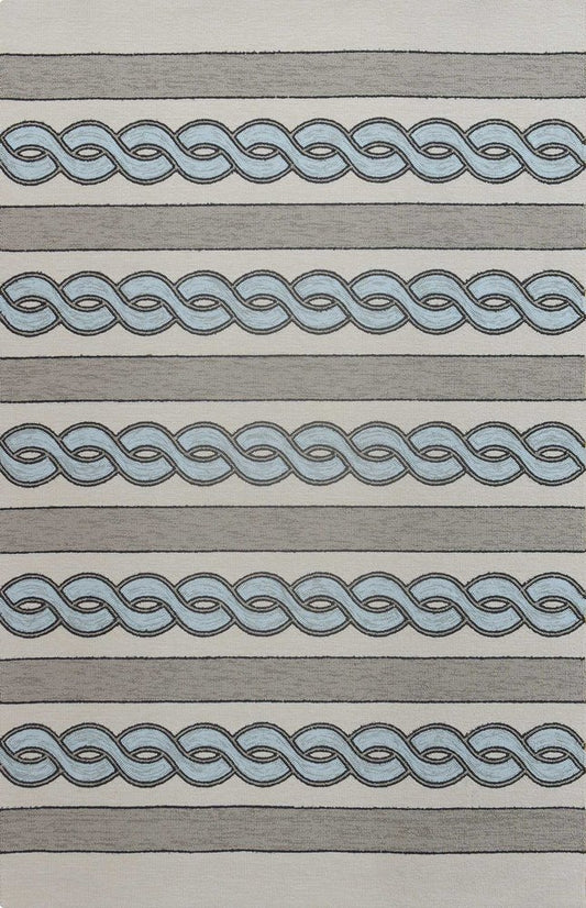 8' X 11' Ivory Light Blue And Gray Geometric Hand Hooked Area Rug