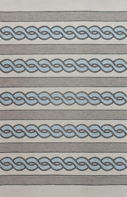 6' X 9' Ivory Light Blue And Gray Geometric Hand Hooked Area Rug