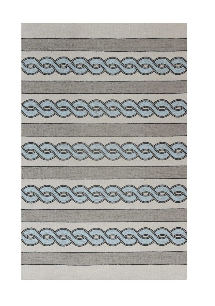 8' X 11' Ivory Light Blue And Gray Geometric Hand Hooked Area Rug