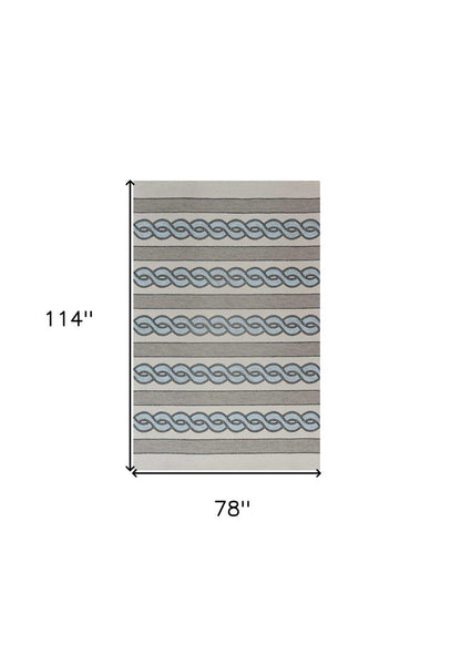 8' X 11' Ivory Light Blue And Gray Geometric Hand Hooked Area Rug