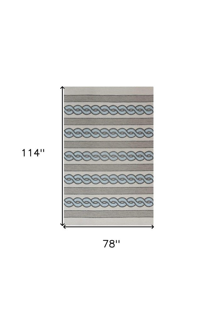 8' X 11' Ivory Light Blue And Gray Geometric Hand Hooked Area Rug