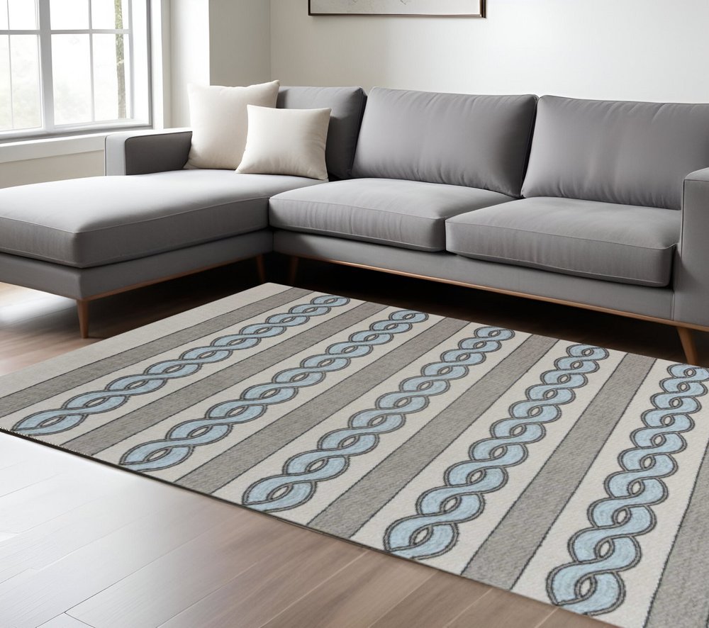 8' X 11' Ivory Light Blue And Gray Geometric Hand Hooked Area Rug