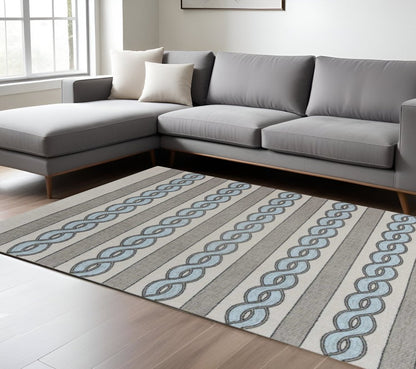 8' X 11' Ivory Light Blue And Gray Geometric Hand Hooked Area Rug