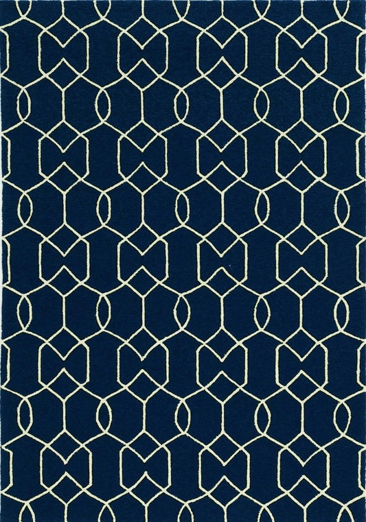 7' Navy Blue And White Round Moroccan Handmade Indoor Outdoor Area Rug