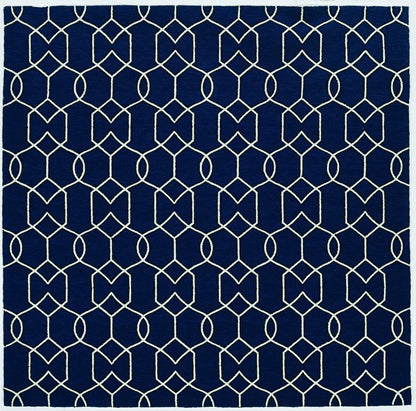 7' Navy Blue And White Round Moroccan Handmade Indoor Outdoor Area Rug