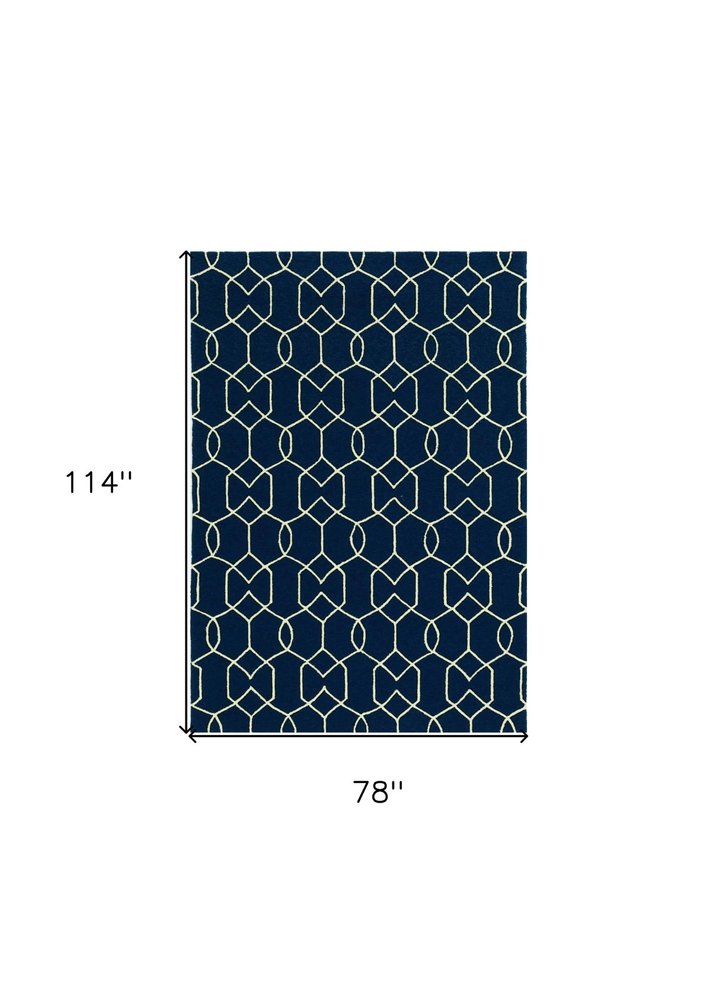 7' Navy Blue And White Round Moroccan Handmade Indoor Outdoor Area Rug