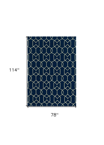 7' Navy Blue And White Round Moroccan Handmade Indoor Outdoor Area Rug